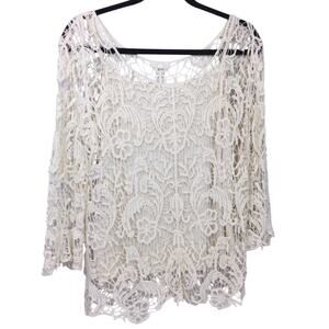 Adiva Cottagecore Cream Boho Lightweight Crochet Lace Feminine Pullover Top L